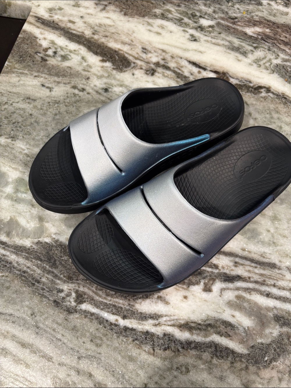 Women’s Slide Sandals in Metallic Silver and Black